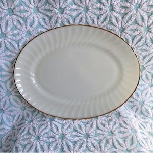 Vintage 15” Anchor Hocking USA milk glass‎ gold trimmed serving platter plate